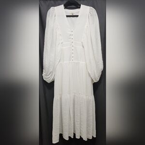 Just Me Women's Size S White Balloon Caplette Sleeves Midi Dress Cottagecore